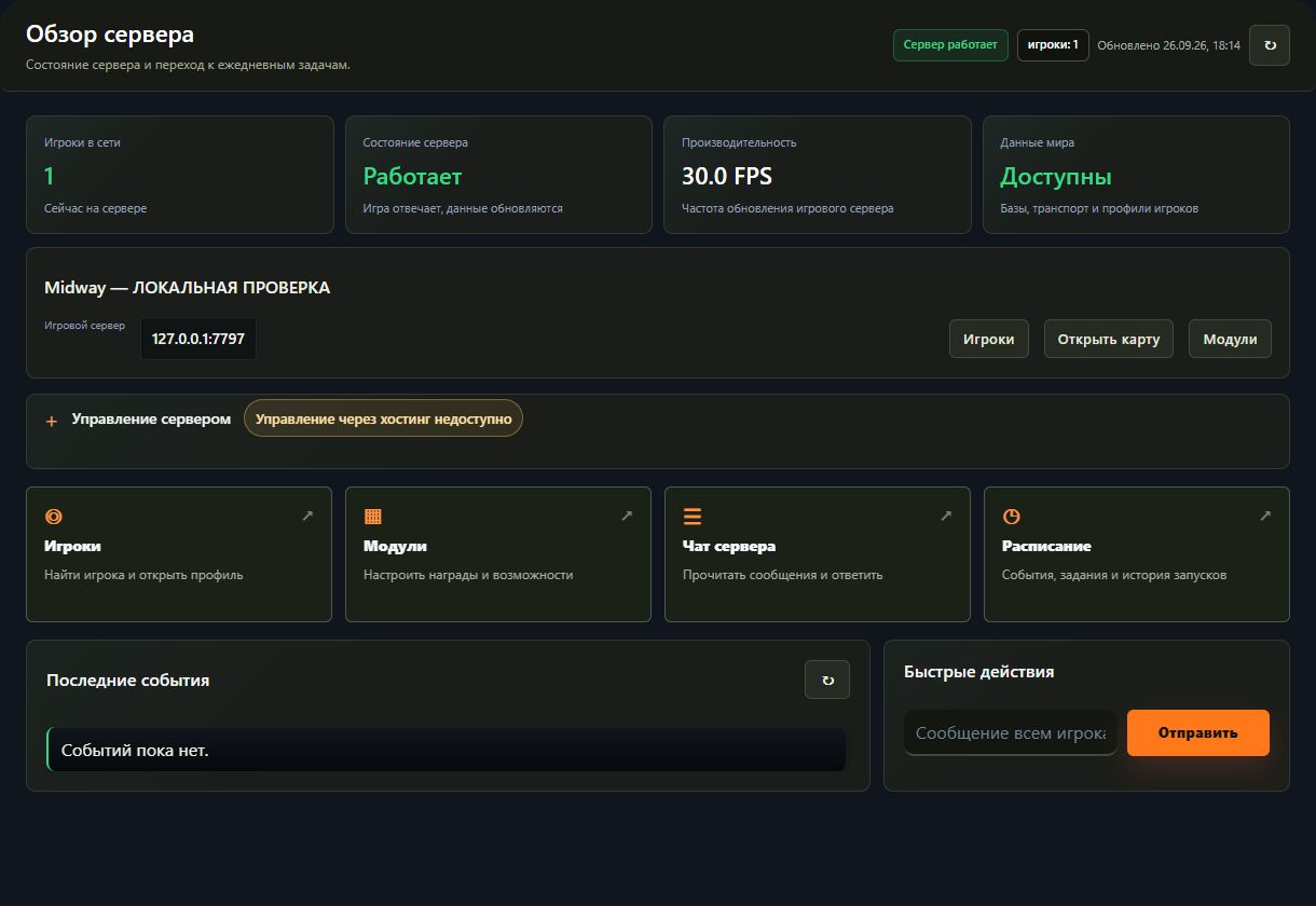 Обзор панели: статус сервера, игроки, производительность и быстрые переходы к задачам